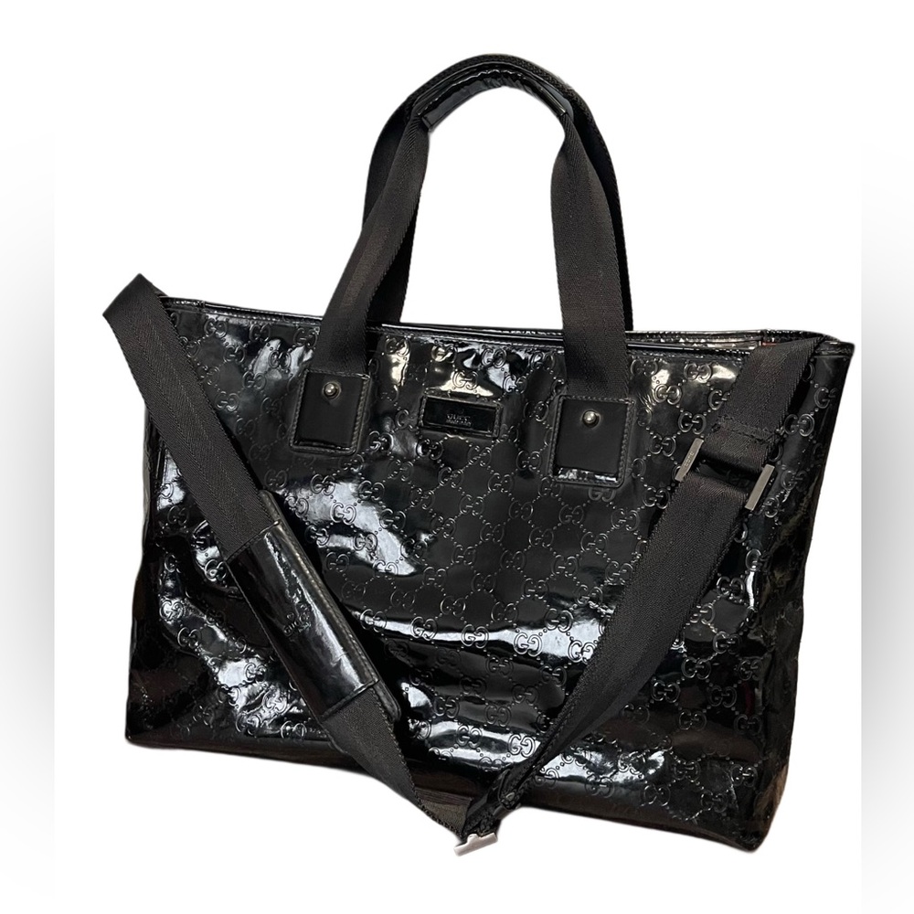 ❌SOLD❌GUCCI Guccissima Black Patent Weekender Bag Tote with Shoulder Strap